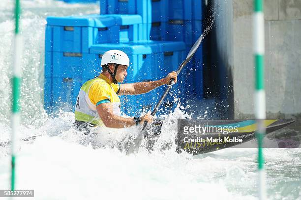 Australian men's K1 canoe slalom competitor Lucien Delfour practices at the Olympic Whitewater Stadium on August 2, 2016 in Rio de Janeiro, Brazil.