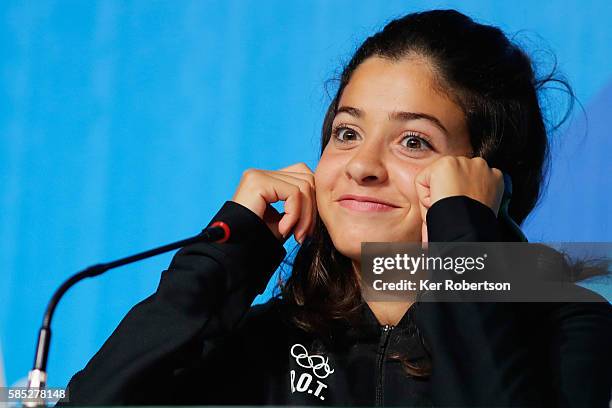 Syrian swimmer Yusra Mardini of the Refugee Olympic Team attends a press conference on August 2, 2016 in Rio de Janeiro, Brazil.