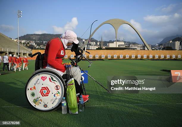 Zahra Nemati of Islamic Republic of Iran in action during a training session at the Sambodromo Olympic Archery venue on August 2, 2016 in Rio de...