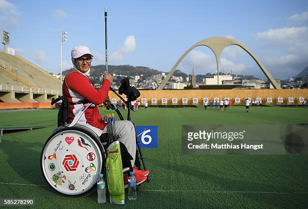 Zahra Nemati of Islamic Republic of Iran in action during a training session at the Sambodromo Olympic Archery venue on August 2, 2016 in Rio de...