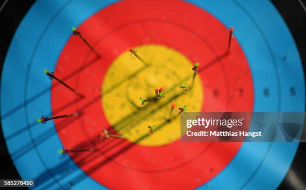 Detail view of arrows in the target at seen during a training session at the Sambodromo Olympic Archery venue on August 2, 2016 in Rio de Janeiro,...