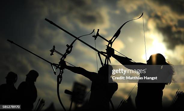 Georcy-Stephanie Thiffeault Picard of Canada in action during a training session at the Sambodromo Olympic Archery venue on August 2, 2016 in Rio de...