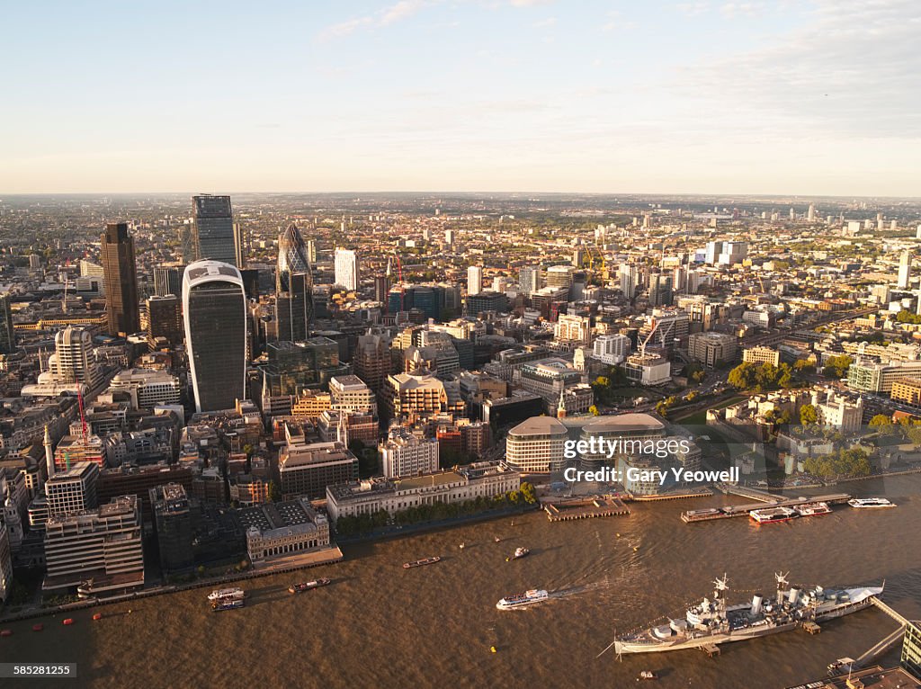 Elevated view of The City of London at sunset