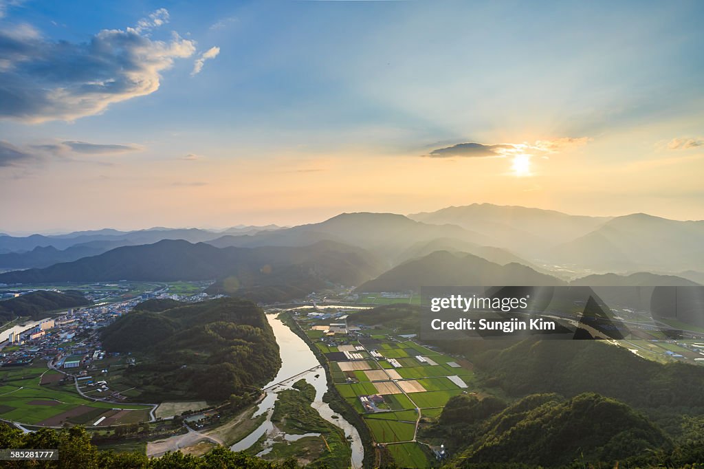 Landscape of Pyeongchang county while sunset