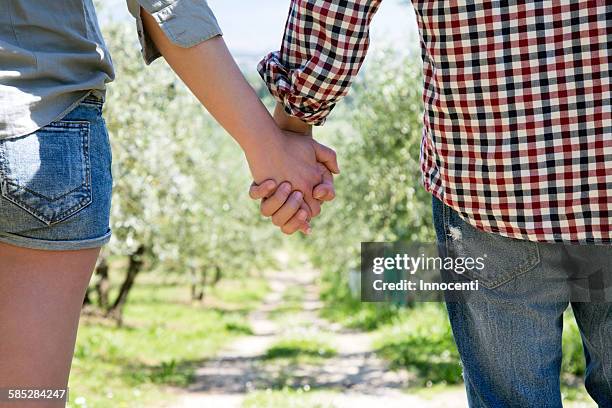 cropped view of couple holding hands looking down dirt track - wellness olive tree stock pictures, royalty-free photos & images