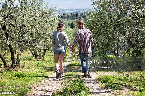 full length rear view of couple hand in hand walking on dirt track - agritourism stock pictures, royalty-free photos & images
