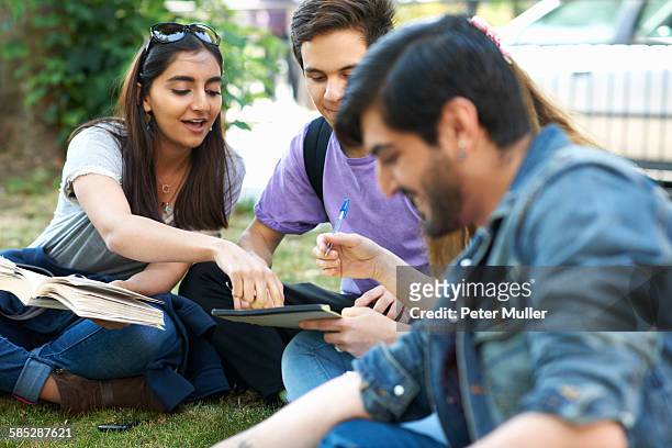 male and female students sitting chatting and working on college campus - indian students stock pictures, royalty-free photos & images
