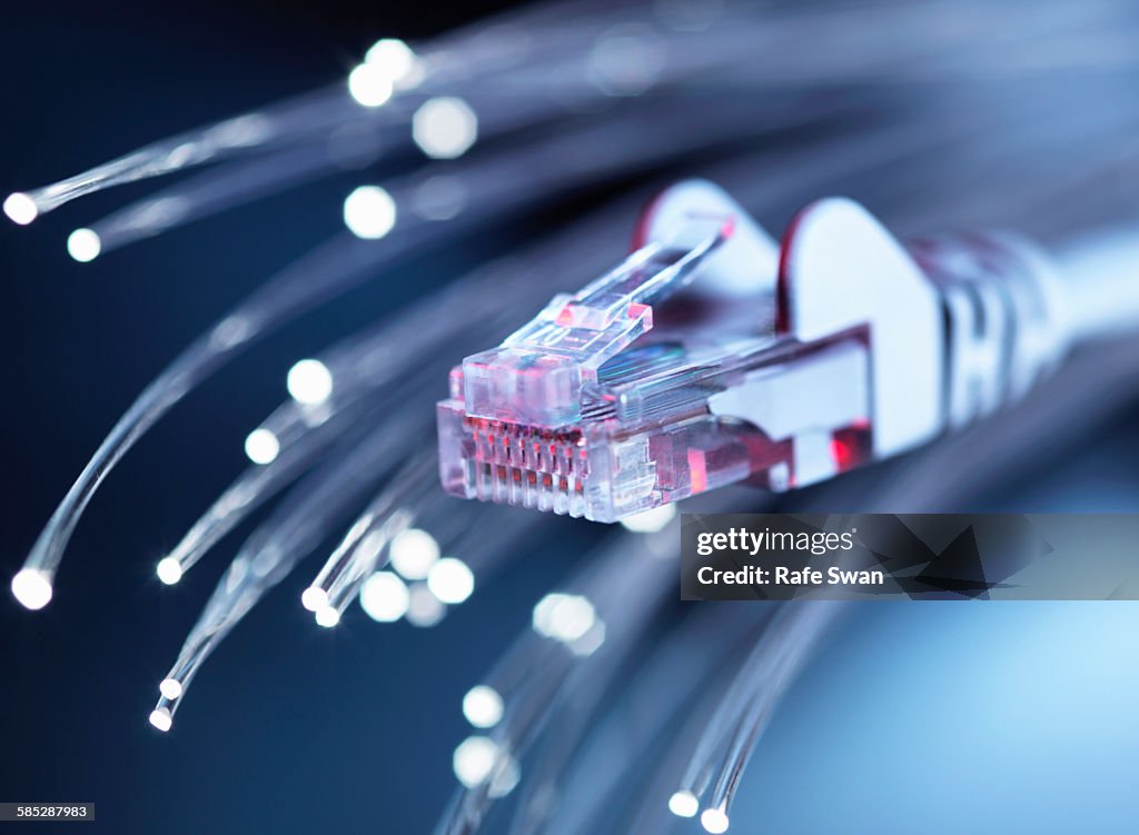 Internet network connector with fibre optics, close-up