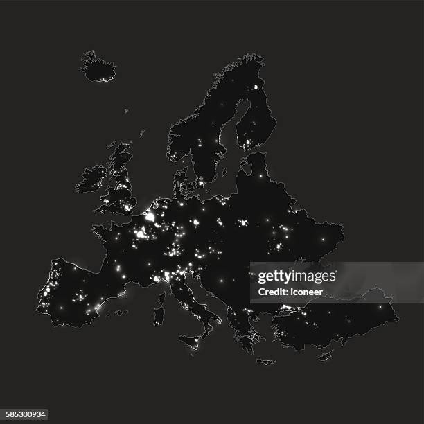 europe grey neutral light pollution map on dark background - photopollution stock illustrations