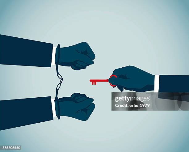 unlock - holding handcuffs stock illustrations