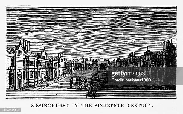 stockillustraties, clipart, cartoons en iconen met sissinghurst village, in kent, england victorian engraving, circa 1840 - northamptonshire