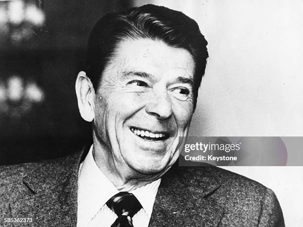 Portrait of President Ronald Reagan, printed following the assassination attempt, during a recent press conference at the White House, Washington DC,...