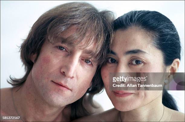 Close-up portrait of married musicians John Lennon and Yoko Ono in a SoHo gallery, New York, New York, November 26, 1980. The gallery was one of...