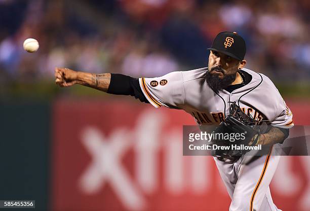 Sergio Romo of the San Francisco Giants delivers a pitch in the eighth inning against the Philadelphia Philliesat Citizens Bank Park on August 2,...