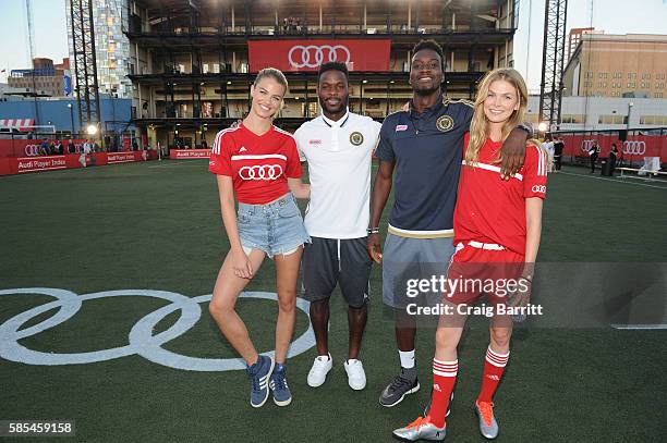 Model Hailey Clauson, Philadelphia Union players Maurice Edu and C.J. Sapong and Icelandic fashion model Sigrun Eva Jonsdottir pose before the Audi...