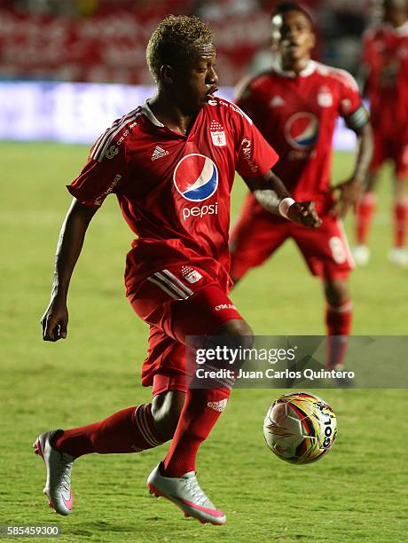 Brayan Angulo of America drives the ball during a match between America de Cali and Leones as part of round 5 of Torneo Aguila 2016 second leg at...