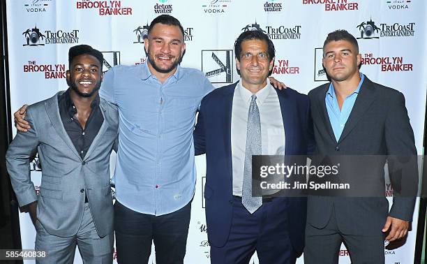 Aljamain Sterling, Gian Villante, Ray Longo and Al Iaquinta attend the "The Brooklyn Banker" New York premiere at SVA Theatre on August 2, 2016 in...