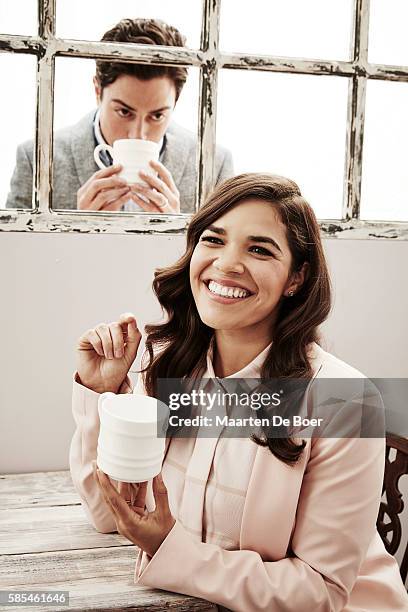 Actors Ben Feldman and America Ferrera from NBCUniversal's 'Superstore' pose for a portrait at the 2016 Summer TCAs Getty Images Portrait Studio at...