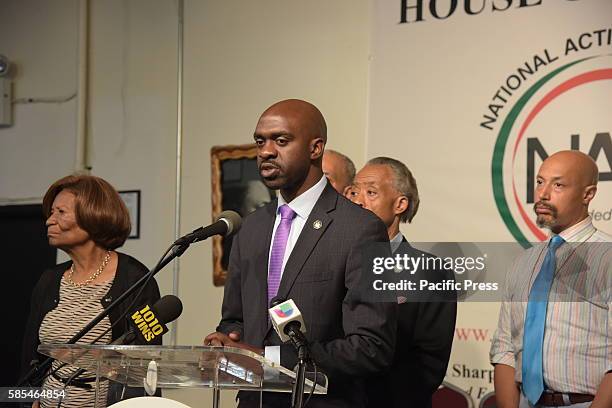 State assembly member Michael Blake speaks at NAN headquarters. In the wake of NYPD commissioner William Bratton's announcement of his resignation,...