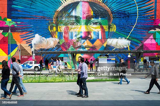 Eduardo Kobra s Mural named Native people from the 5 continents at Boulevard do Porto in Rio de Janeiro port surrounding area, Brazil, part of the...