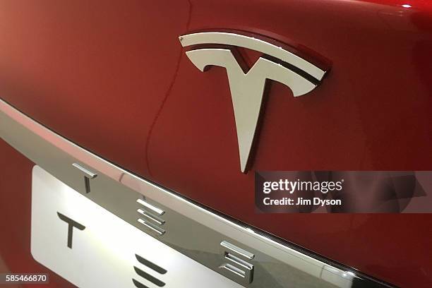 The Tesla Model S electric car is displayed during the 2016 London Motor Show at Battersea Evolution Marquee on May 5, 2016 in London, England. The...