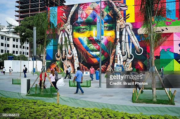 Eduardo Kobra s Mural named Native people from the 5 continents at Boulevard do Porto in Rio de Janeiro port surrounding area, Brazil, part of the...