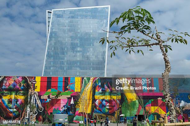 Eduardo Kobra s Mural named Native people from the 5 continents at Boulevard do Porto in Rio de Janeiro port surrounding area, Brazil, part of the...