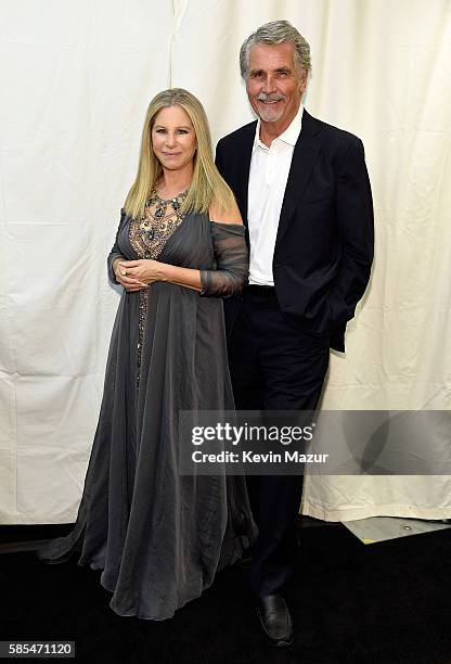 Barbra Streisand and James Brolin pose backstage during the tour opener for "Barbra - The Music... The Mem'ries... The Magic!" at Staples Center on...