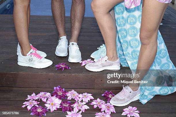 Chiara, Pau, Vero and Alba are wearing Bcn Brand, shirtwaist dress and trainers at the Duquesa Suites Barcelona Hotel on August 1, 2016 in Barcelona,...