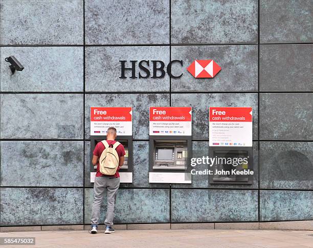 General view of HSBC bank teller machines and signage on July 28, 2016 in London, England.