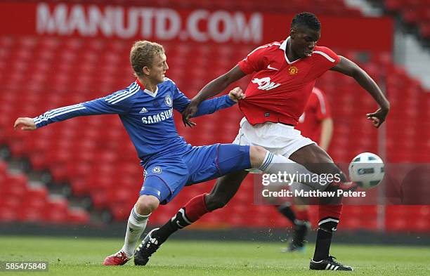 Paul Pogba of Manchester United U18 Academy team clashes with George Saville of Chelsea U18 Academy team during the FA Youth Cup sponsored by E.on...