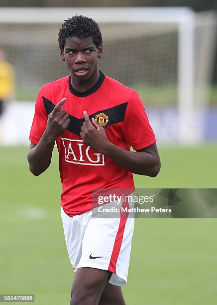 Paul Pogba in action during the Premier Academy Under-18 match between Manchester United and Manchester City at Carrington Training Ground on October...