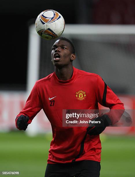 Paul Pogbai of Manchester United in action during first team training session ahead of the UEFA Europa League match between Manchester United and...