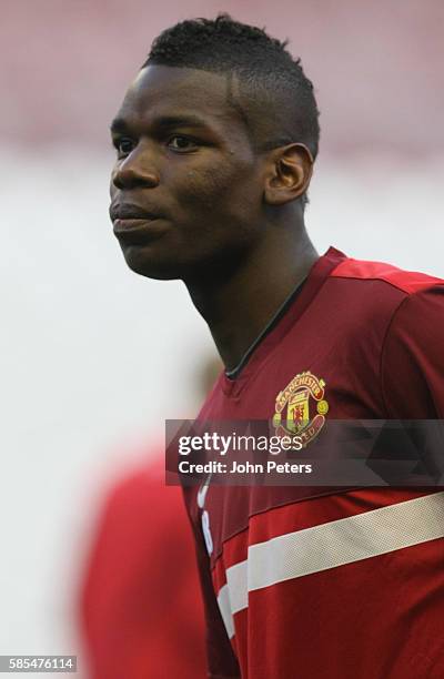 Paul Pogba of Manchester United in action during a first team training session, ahead of the UEFA Europa League Round of 16 second leg match against...