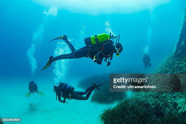 buceo submarina grupo de buceadores en azul - buceo con equipo fotografías e imágenes de stock