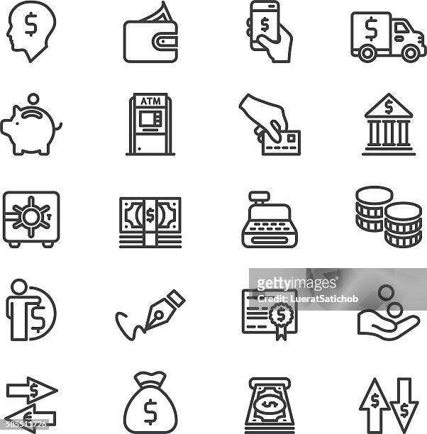 illustrazioni stock, clip art, cartoni animati e icone di tendenza di icone della linea di pagamento e denaro finanziario bancario | eps10 - clip art