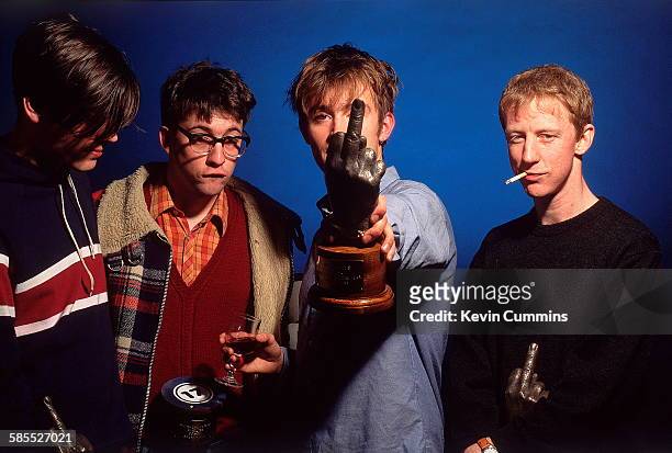 English Britpop band, Blur at the NME Brat Awards, London, February 1995. The group were presented with four awards at the event. Left to right:...