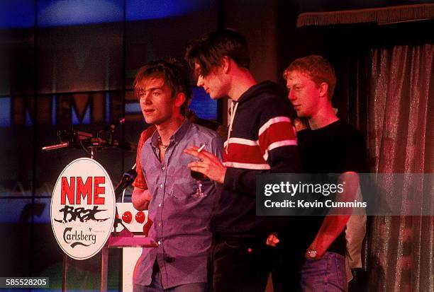 English Britpop band, Blur at the NME Brat Awards, London, February 1995. The group were presented with four awards at the event. Left to right:...