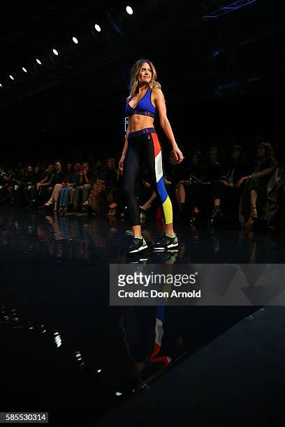 Jesinta Campbell showcases designs by P.E Nation on the runway at the David Jones Spring/Summer 2016 Fashion Launch at Fox Studios on August 3, 2016...