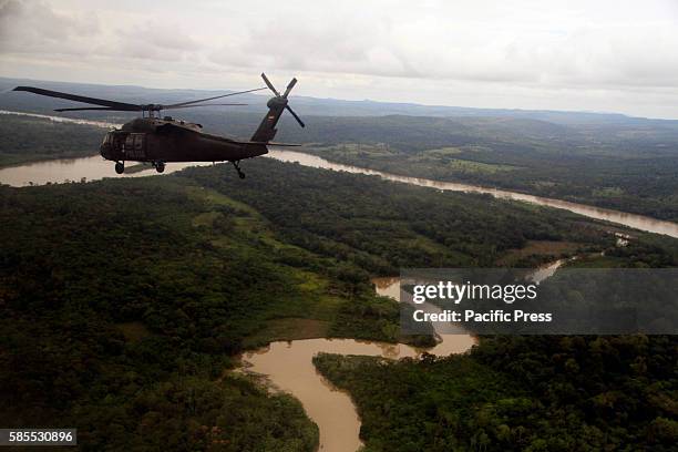 Colombian anti-drug police during operation of destroying cocaine processing labs at the jungle in Guaviare state.