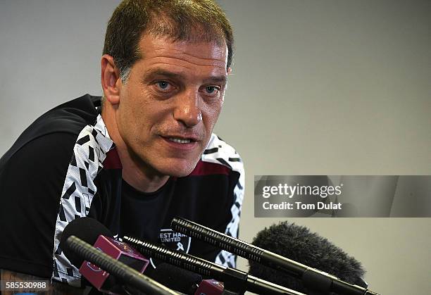 Manager of West Ham United, Slaven Bilic speaks to the media during their press conference at Queen Elizabeth Olympic Park on August 3, 2016 in...
