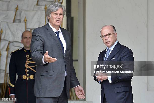 French Minister of Agriculture and Forestry, Gouvernment Spokesman Stephane Le Foll and French Minister of Interior, Bernard Cazeneuve speak as they...