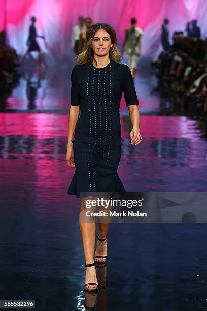 Jesinta Campbell showcases designs by bianca spender on the runway at the David Jones Spring/Summer 2016 Fashion Launch at Fox Studios on August 3,...