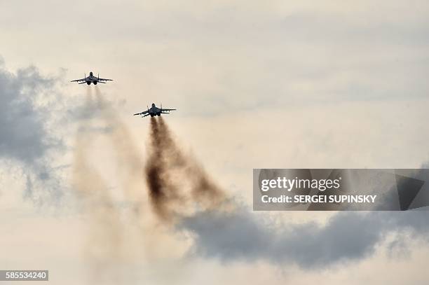 Ukrainian fighters MIG-29 take part in the practical flights to fulfill the system of combat duty during the exercises at the Air Force military base...