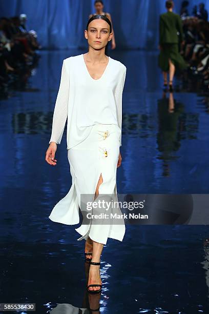 Model showcases designs by Christopher Esther on the runway at the David Jones Spring/Summer 2016 Fashion Launch at Fox Studios on August 3, 2016 in...