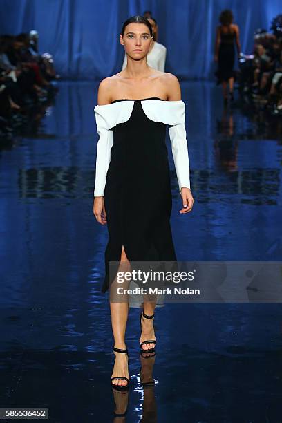 Model showcases designs by Christopher Esther on the runway at the David Jones Spring/Summer 2016 Fashion Launch at Fox Studios on August 3, 2016 in...
