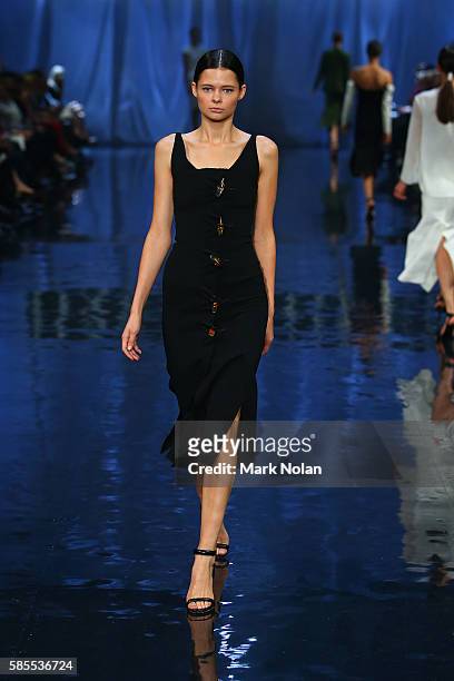 Model showcases designs by Christopher Esther on the runway at the David Jones Spring/Summer 2016 Fashion Launch at Fox Studios on August 3, 2016 in...