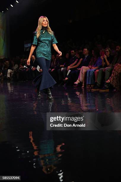 Jessica Gomes showcases designs by Ellery on the runway at the David Jones Spring/Summer 2016 Fashion Launch at Fox Studios on August 3, 2016 in...