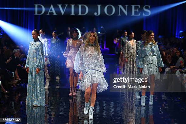 Jessica Gomes showcases designs by Zimmerman on the runway at the David Jones Spring/Summer 2016 Fashion Launch at Fox Studios on August 3, 2016 in...