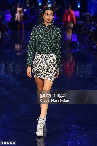 Model showcases designs by Zimmerman on the runway at the David Jones Spring/Summer 2016 Fashion Launch at Fox Studios on August 3, 2016 in Sydney,...